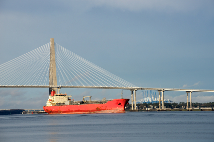 Container ship in Charleston Harbor going under the Ravenel Bridge.